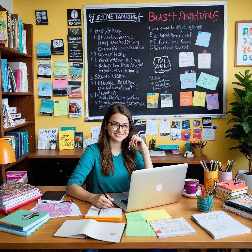 A vibrant workspace overflowing with creativity, featuring a young content creator surrounded by a laptop, colorful sticky notes, a coffee cup, and books on content strategy. In the background, a large chalkboard showcases diverse blogging techniques like microblogging and guest blogging. The lighting is warm and inviting, evoking inspiration. The scene is filled with artistic elements like icons representing social media, writing tools, and digital marketing. super-realistic. vibrant colors. cozy atmosphere.