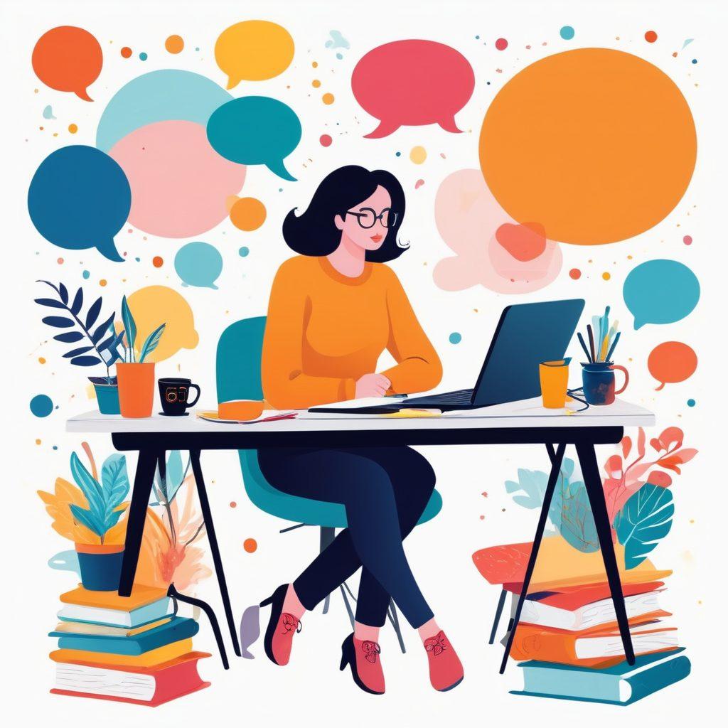 A vibrant illustration of a person sitting at a desk, surrounded by colorful speech bubbles and ideas flowing around them, symbolizing creativity and expression. Incorporate elements like a computer, notebooks, and a cup of coffee to evoke a cozy blogging atmosphere. The background should feature abstract shapes representing inspiration and sharing. Use bright, playful colors to create an inviting and energetic vibe. painting. vibrant colors. white background.