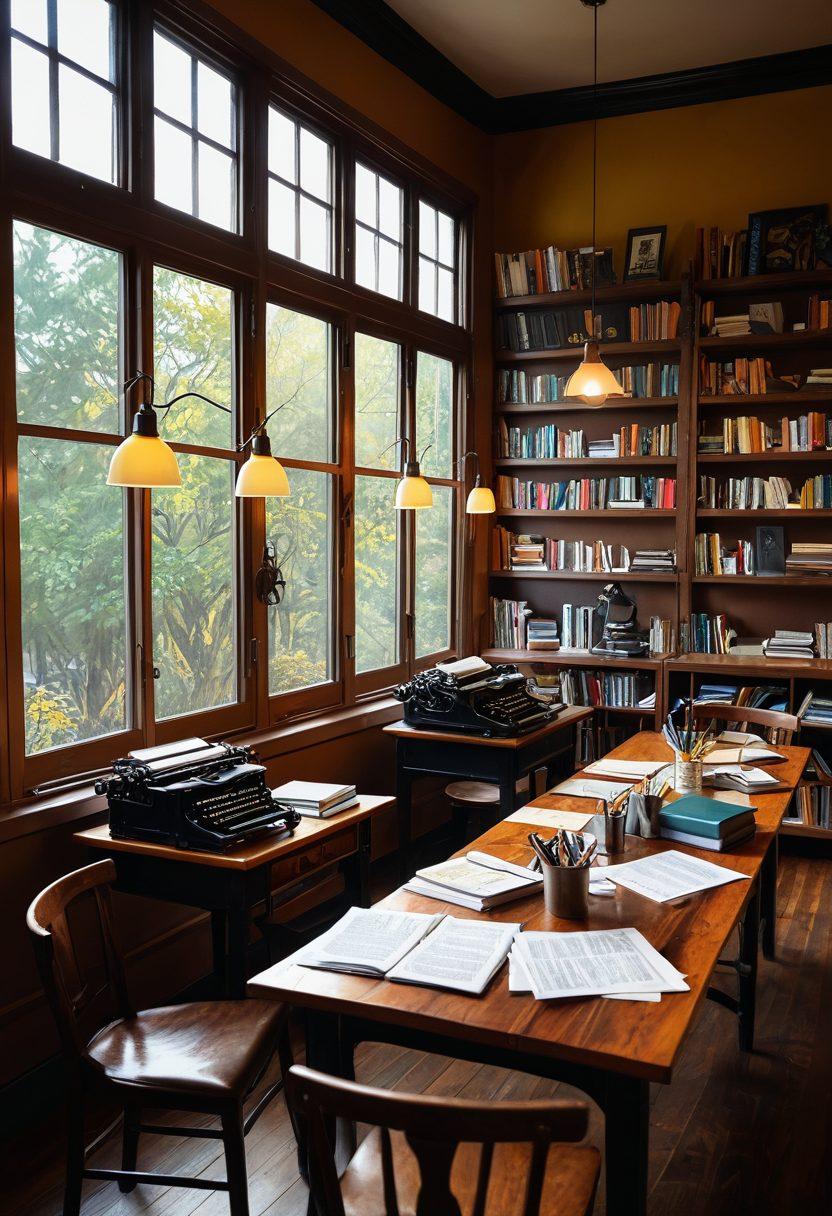 A warm and inviting scene depicting a diverse group of writers bustling in a cozy café surrounded by shelves of books. They are collaboratively brainstorming ideas, sharing laptops, and sipping coffee, with colorful notes scattered on the table. Soft light filters through the window, illuminating the enthusiasm and camaraderie among them. Artistic elements like typewriters and literary quotes on the walls enhance the creative vibe. vibrant colors. cozy atmosphere. digital painting.